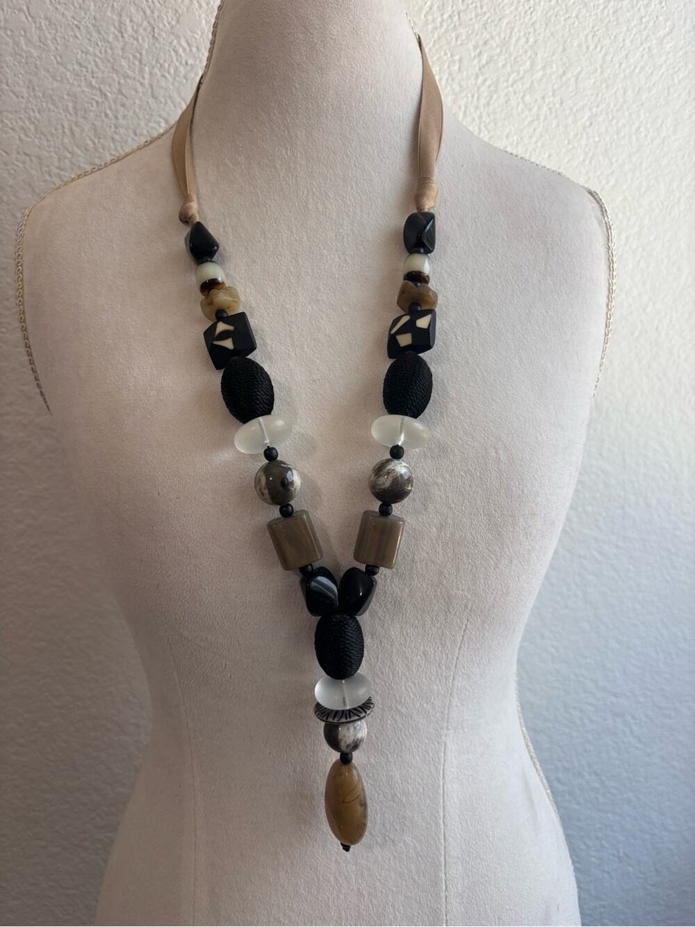 Chico's Chunky Black Brown Cream Beaded Statement Necklace